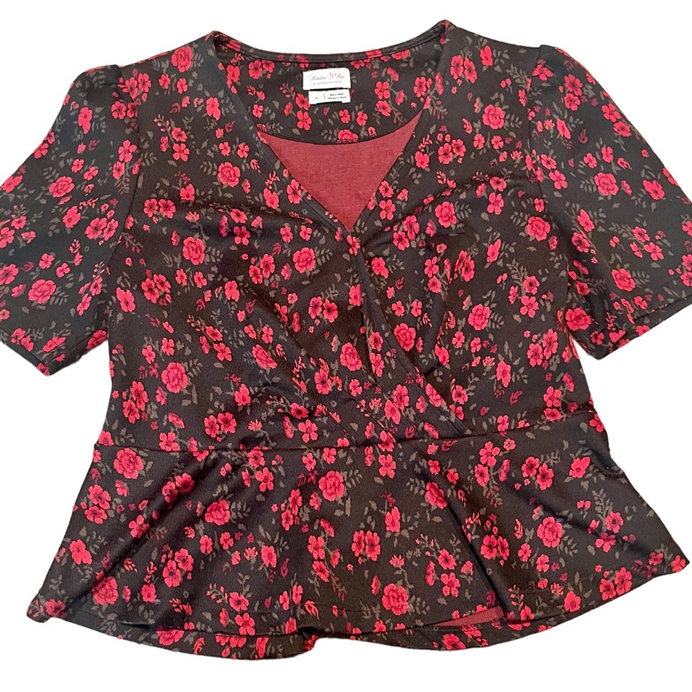 Anthro Brand - Meadow Rue Black floral print wrap shirt peplum size medium